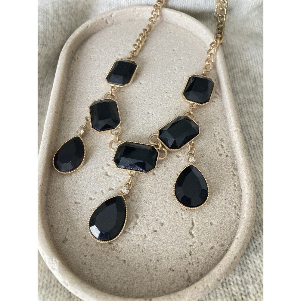 Gold Tone Black Rhinestone Statement Necklace Teardrop Runway Glam Couture